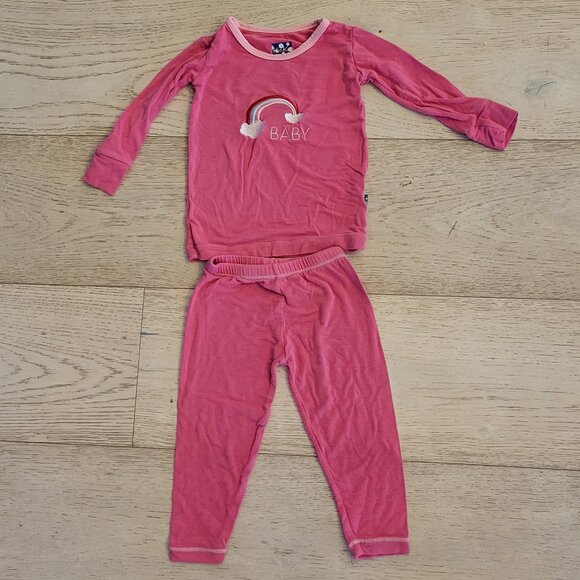 KICKEE PANTS girl 2 piec hot pink Baby rainbow embroidered pajama set 12 to 18 m - Picture 1 of 5